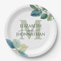 Greenery eucalyptus monogrammed wedding paper plates