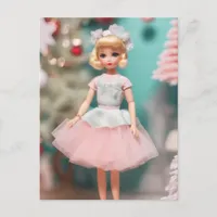 Adorable Vintage Blond Doll in Pink Christmas  Postcard