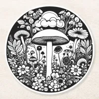 Black and White Flowers and Mushrooms Vintage Round Paper Coaster