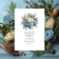 Pine, Brass and Pastel Blue Floral Winter Wedding Invitation