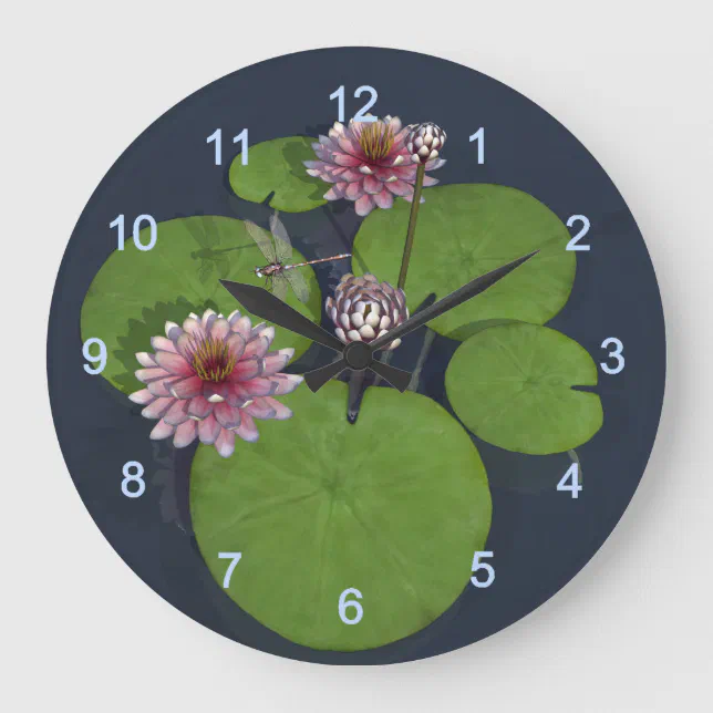 Pretty Pink Water Lily and Dragonfly Large Clock