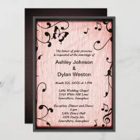 Music Butterfly Leaves Pink Rustic Wood Wedding Invitation