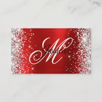 Silver Glitter Red Foil Fancy Monogram Business Card