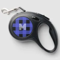 Stylish Monogrammed Blue Black Buffalo Plaid Check Retractable Pet Leash