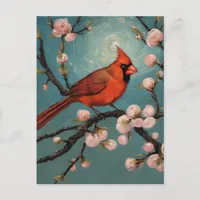 Cardinal in a blooming almond tree postcard