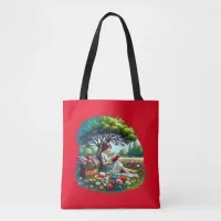 Girl Reading under a Tree Surrounded by Flowers Tote Bag