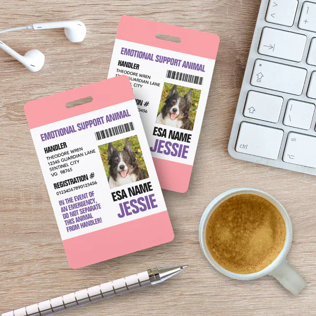 Pink Purple Emotional Support Animal Photo ID Badge