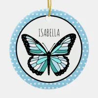 Blue Butterfly Polka Dot Personalized Christmas  Ceramic Ornament