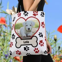 Cute Pet Dog Photo Heart Red & Black Paws Pattern Tote Bag