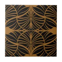 Elegant Art Deco Brown & Black Gouache Scallops Ceramic Tile