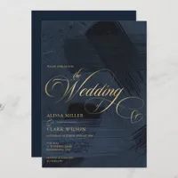 Dark Midnight Blue & Gold Modern Painterly Wedding Invitation