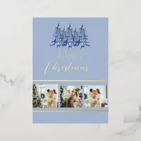 Festive Dusty Blue Christmas Pagoda Tree  Foil Holiday Card