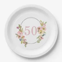 50th Boho Floral Watercolor Geometric Paper Plates