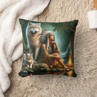 Native American Woman With Wolves by Fire Throw Pillow