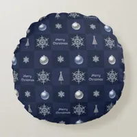 Festive Christmas Snowflakes, Ornaments and Trees Round Pillow