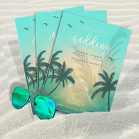 Tropical Isle Sunrise Wedding Teal L2 Arch ID581 Invitation