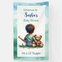 Baby Boy of Color with his Teddy Bear Baby Shower Banner