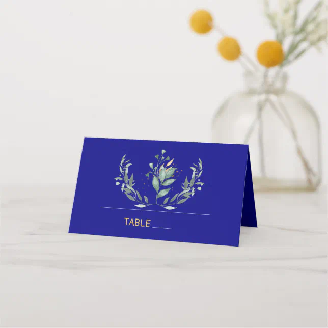 Simple Eucalyptus Greenery Navy Blue and Gold Place Card