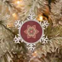 Holly Star Red Background Snowflake Pewter Christmas Ornament