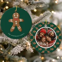 Gingerbread Man Green Polka Dot Christmas Photo Ceramic Ornament