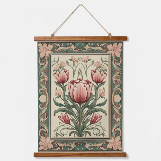 Pink flowers and green ornament Frame Hanging Tapestry