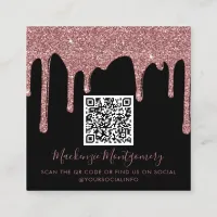 Black Rose Gold Dripping Glitter QR Code Square Business Card