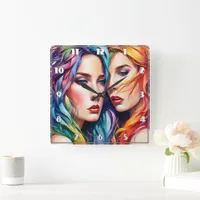 Two Women With Colorful Hair and Bold Expressions Square Wall Clock