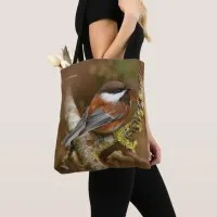 Cute Chestnut-Backed Chickadee on Pear Tree Tote Bag