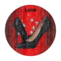 Black Glitter High Heel Shoe on Red | Cutting Board