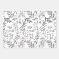 Elegant Black & White Monochrome Winter Botanicals Wrapping Paper Sheets