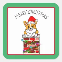 Merry Christmas Corgi in Chimney with Lights Square Sticker