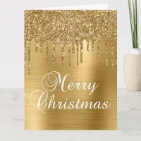 Gold Glitter Drips on Faux Foil Merry Christmas Card