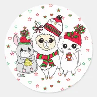 Christmas Llama, Kitten and Mouse Holiday Classic Round Sticker