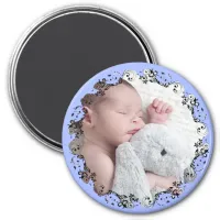 Cute Black Script Border Round Baby Photo Magnet