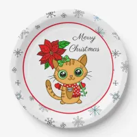 Merry Christmas | Orange Cat with Poinsettia  Paper Plates