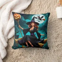 Enchanting witch celebrates Halloween night Throw Pillow