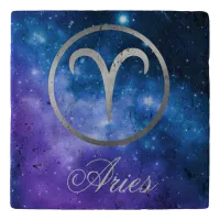 Grey Zodiac Aries & sign on blue galaxy | Trivet