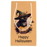 Happy Halloween Black Cat Pumpkin | Light Orange Small Gift Bag