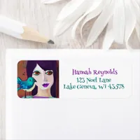 Abstract Girl and Bird Purple and Teal Label