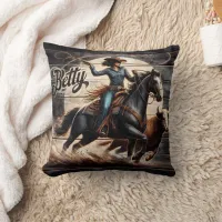 Cowgirl Roping Cattle Under Full Moon Throw Pillow