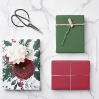 Burgundy Roses, Pine, Holly Christmas Floral Wrapping Paper Sheets