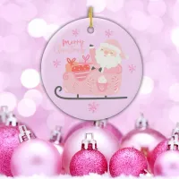 Cute Pink Christmas Santa on Pink | Ceramic Ornament