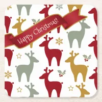 Red Christmas Reindeer Pattern#12 ID1009 Square Paper Coaster