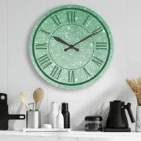 Emerald Green Glitter Roman Numeral Sparkle Girly Large Clock