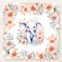 Cute Baby Elephant Girl's Baby Shower  Square Paper Coaster