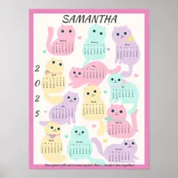 2025 Year Monthly Calendar Cute Pastel Playful Cat Poster