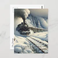 Old-Fashioned Train and Vintage Happy Holidays Postcard