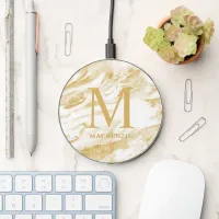 Chic Gold Foil Marble Monogram Wireless Charger