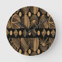 Caribbean Tribal Mudcloth: Black, Gold Round Clock