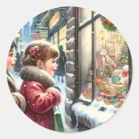 Children Looking into a Christmas Window Classic Round Sticker